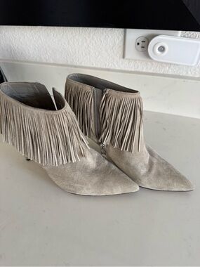Sam Edelman Taupe Suede Fringe Pointed-Toe Booties
